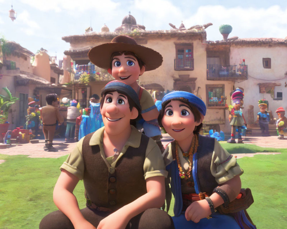 Three animated characters in traditional attire in sunny village square