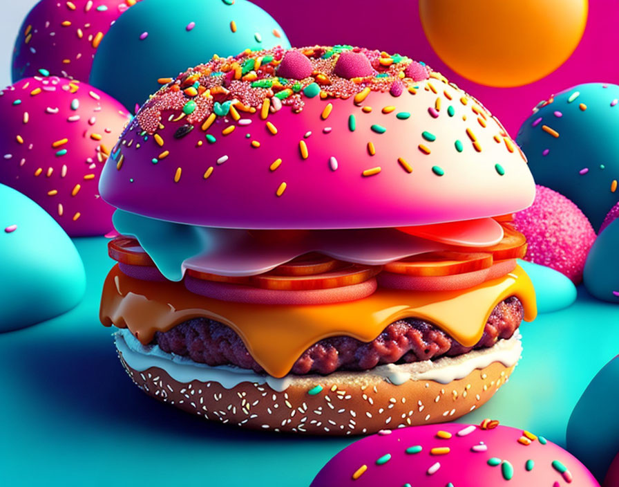 Colorful Burger Artwork with Pink Bun and Cheese Patty on Spheres Background