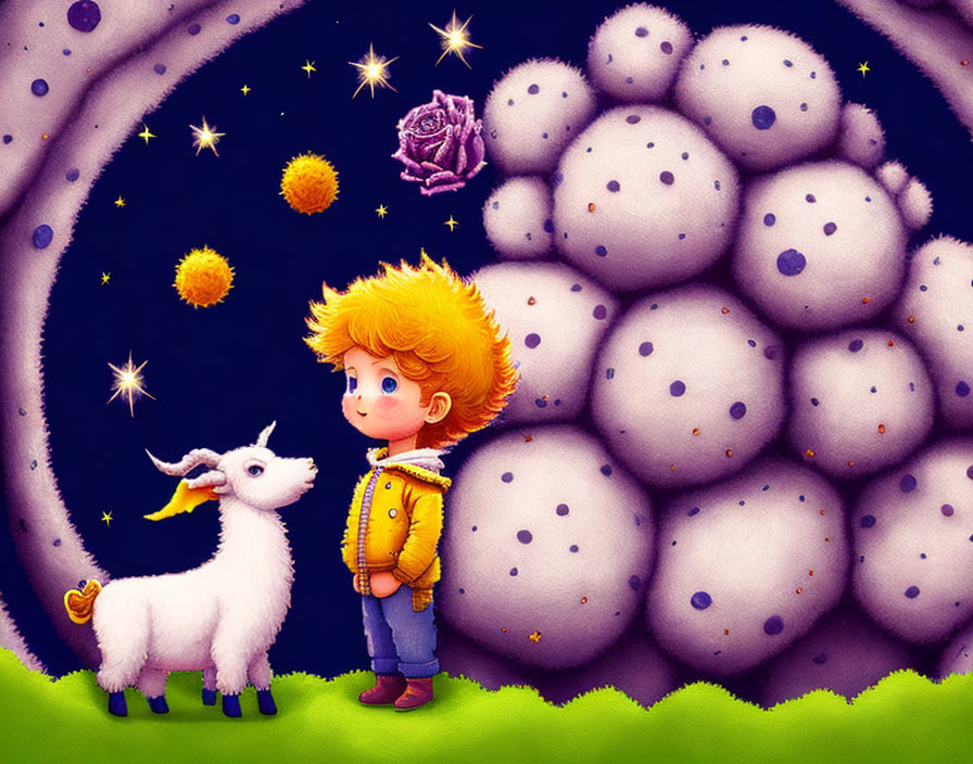 Illustration of boy with golden hair and goat under purple starry sky