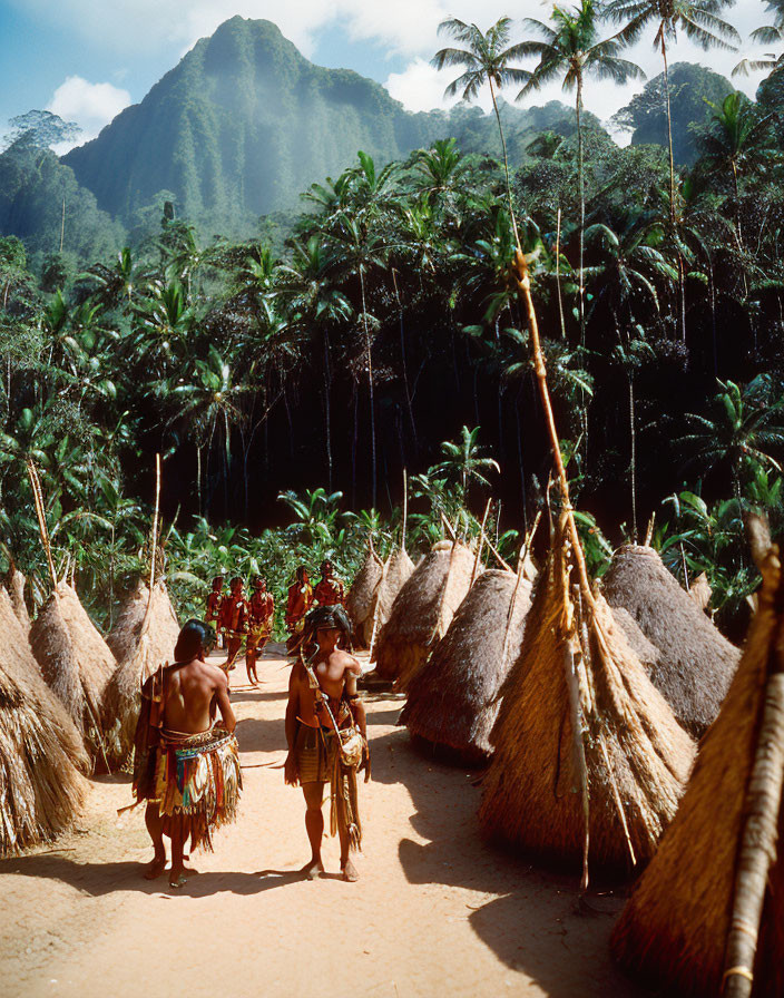 Traditional village with thatched huts and indigenous clothing in lush green mountains