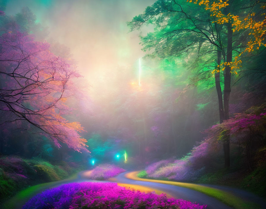 Colorful Forest Path with Ethereal Lights and Soft Mist