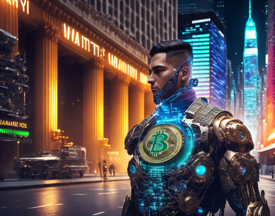 Futuristic cyborg with Bitcoin core in dusk cityscape