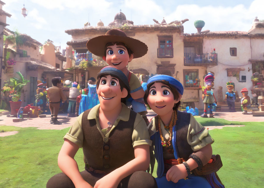 Three animated characters in traditional attire in sunny village square