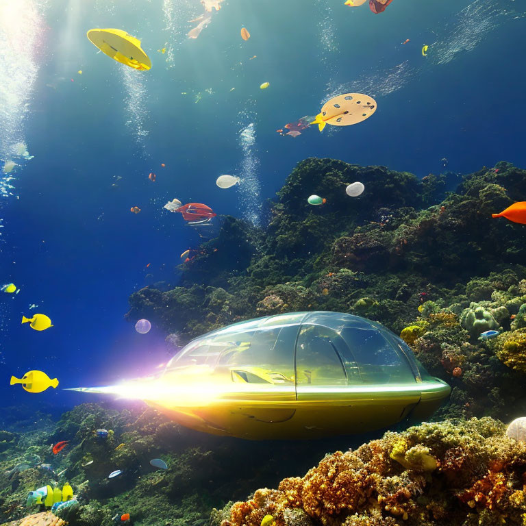 Colorful fish, coral reefs, and a yellow submarine in vibrant underwater scene