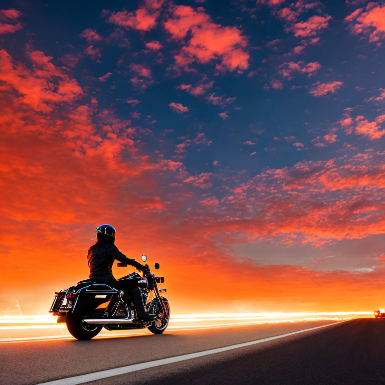 Motorcyclist riding on highway at sunset with vivid red and blue sky