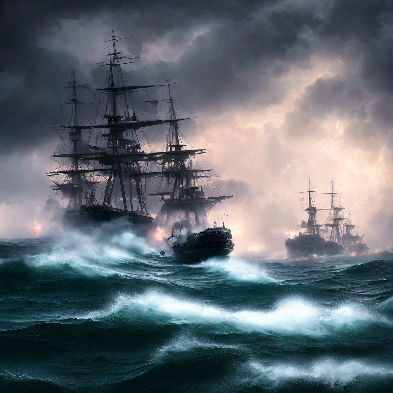 Tall ships sailing on stormy sea with crashing waves and ominous clouds