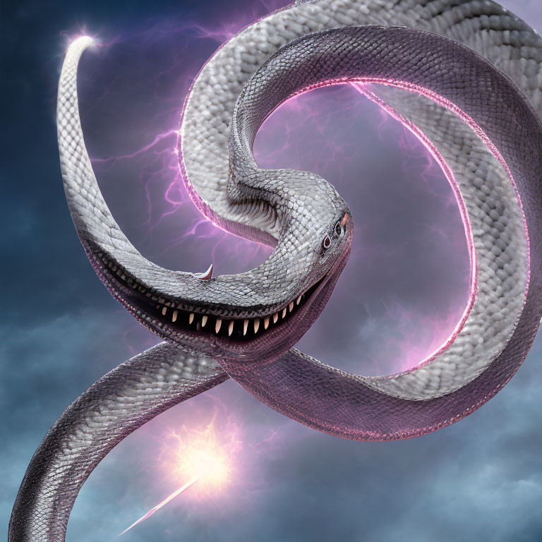 Digital Art: Giant Serpent with Glowing Pink Insides in Stormy Setting