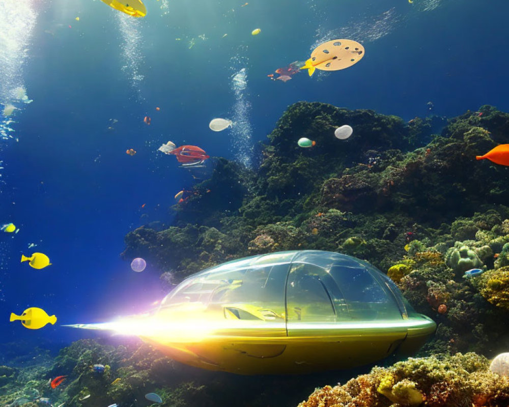 Colorful fish, coral reefs, and a yellow submarine in vibrant underwater scene