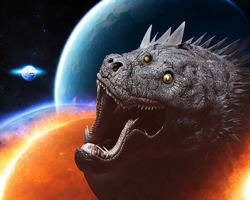 Dragon head with sharp teeth and scales in cosmic space