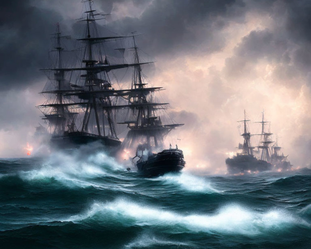 Tall ships sailing on stormy sea with crashing waves and ominous clouds