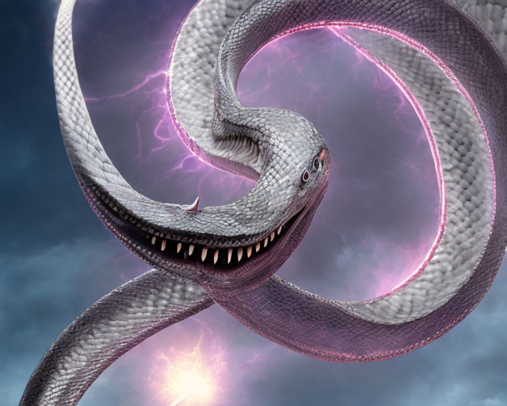 Digital Art: Giant Serpent with Glowing Pink Insides in Stormy Setting