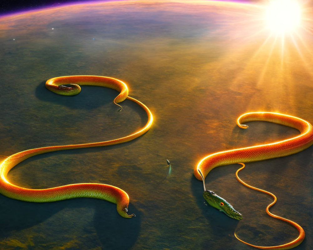 Giant Neon Snakes Floating in Space Above Earth