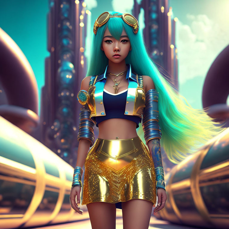 Digital artwork: Woman with blue hair in futuristic attire, cityscape background