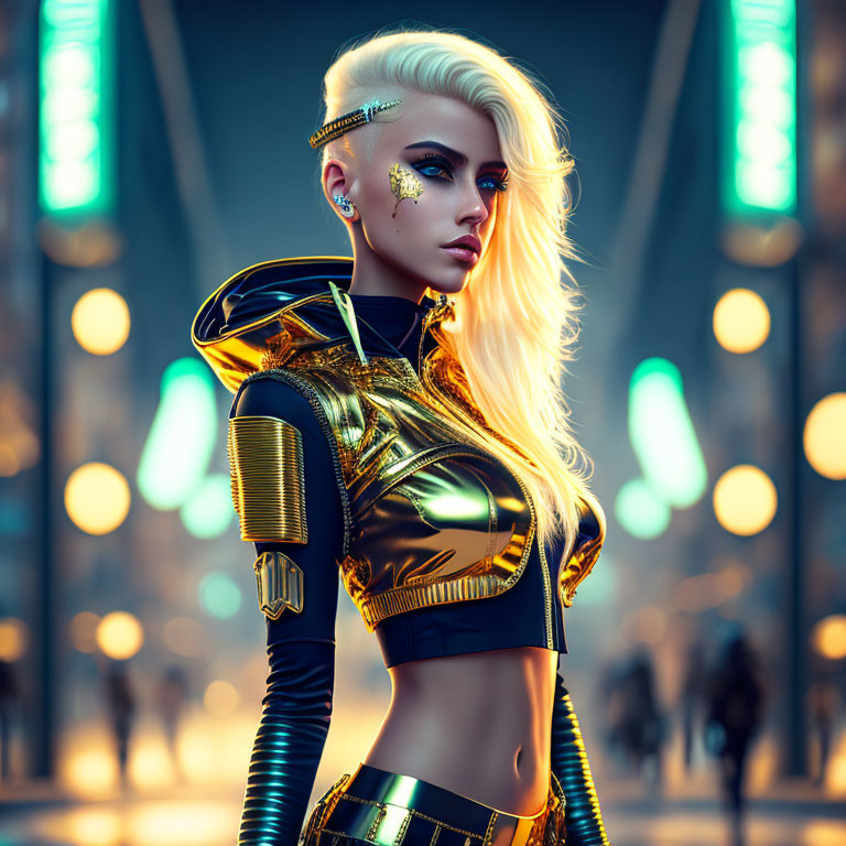 Platinum Blonde Female Character in Gold and Black Armor Suit