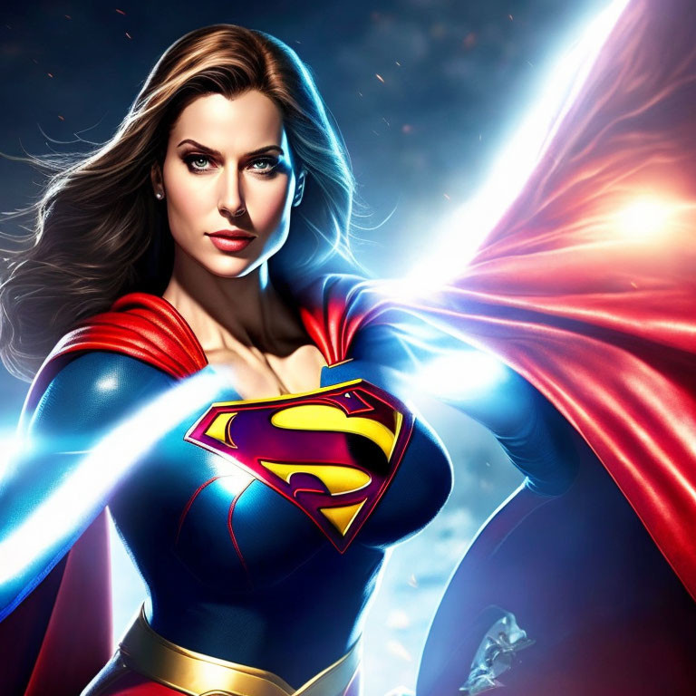 Female superhero with long hair in blue and red costume and "S" emblem under dynamic lighting.