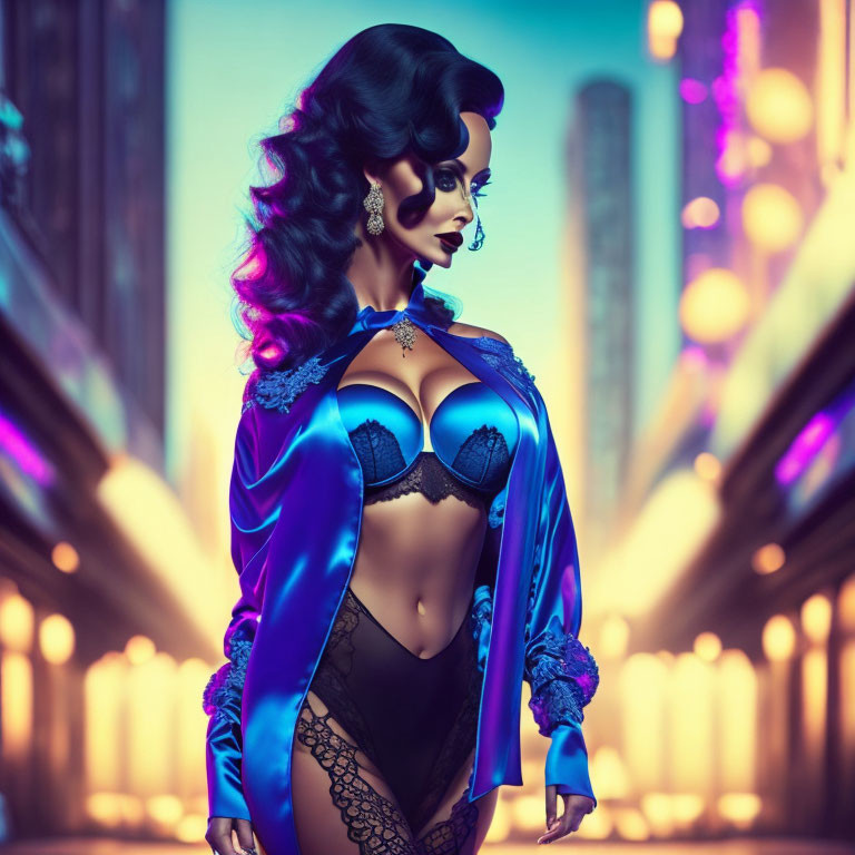 Stylized image of woman with dramatic makeup in satin robe against neon-lit urban background