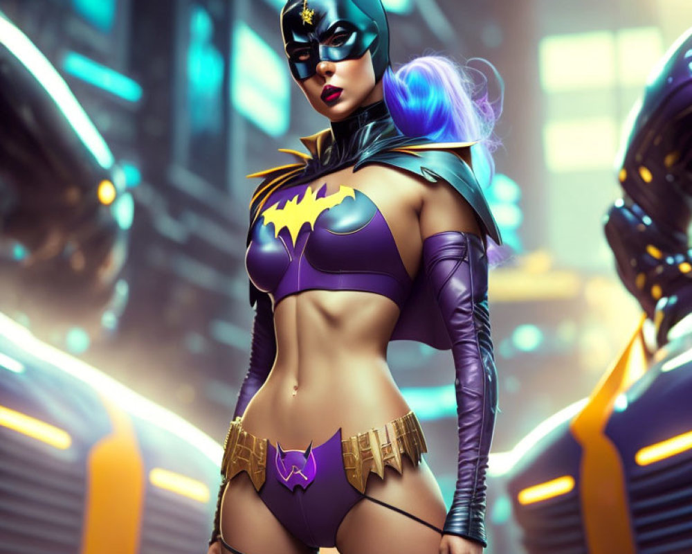 Stylized Batgirl costume against futuristic city backdrop