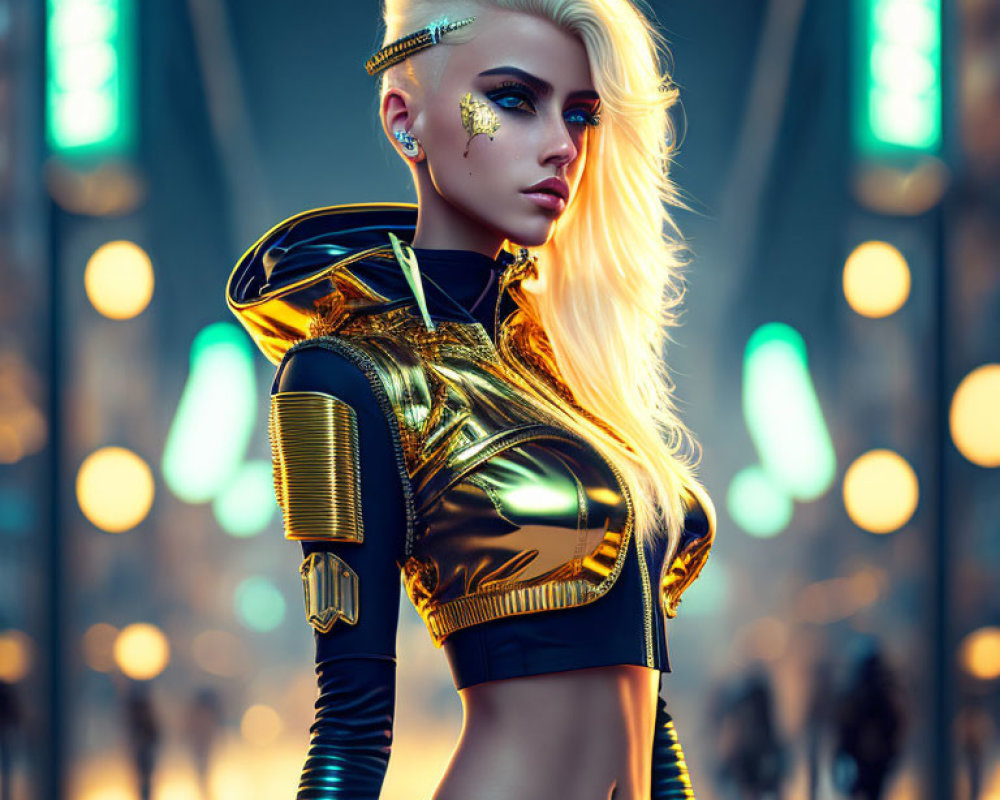 Platinum Blonde Female Character in Gold and Black Armor Suit