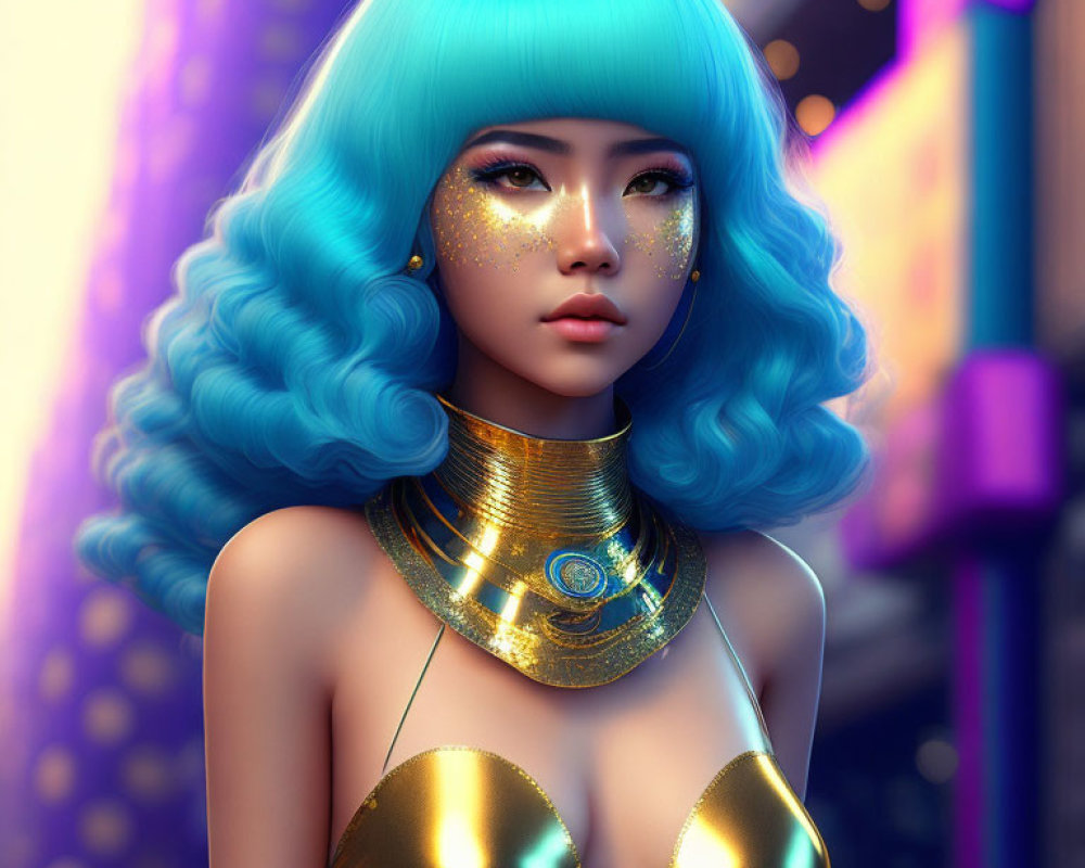 Vibrant blue hair woman in futuristic golden attire portrait.