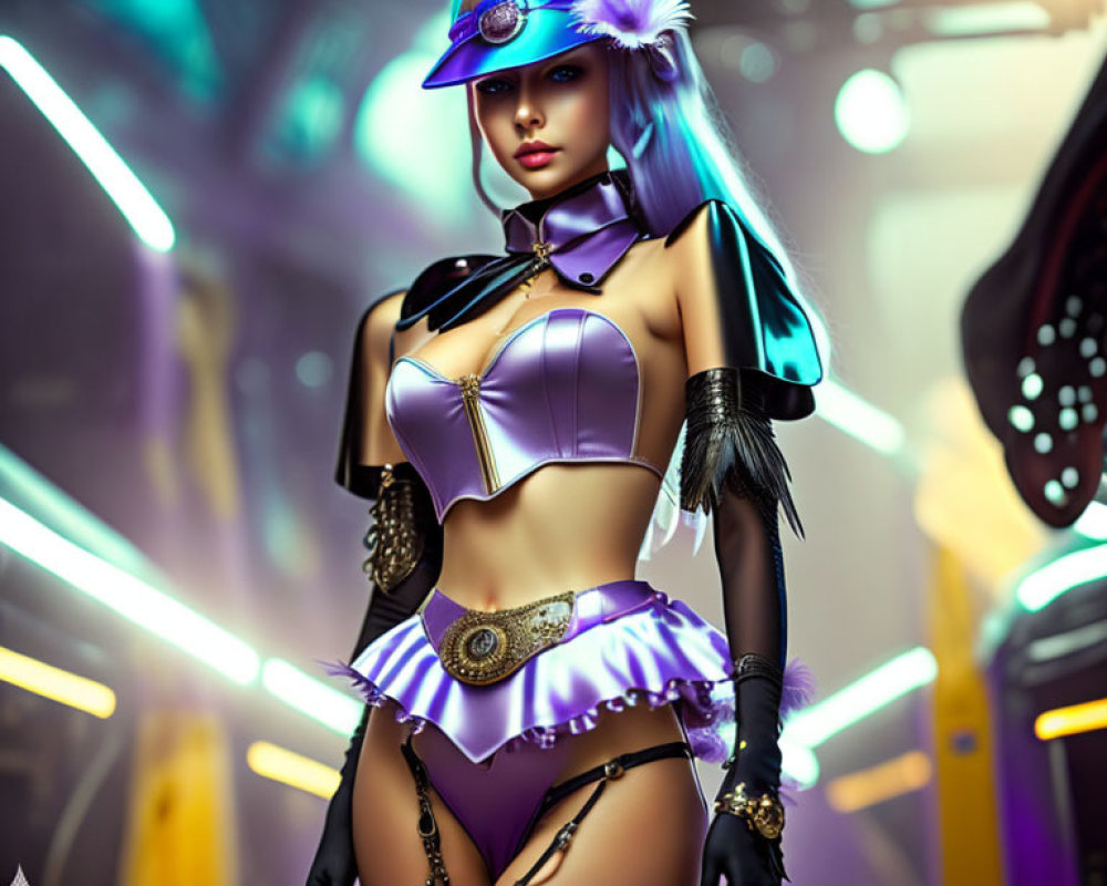 Futuristic female character with blue hair in cyberpunk attire.