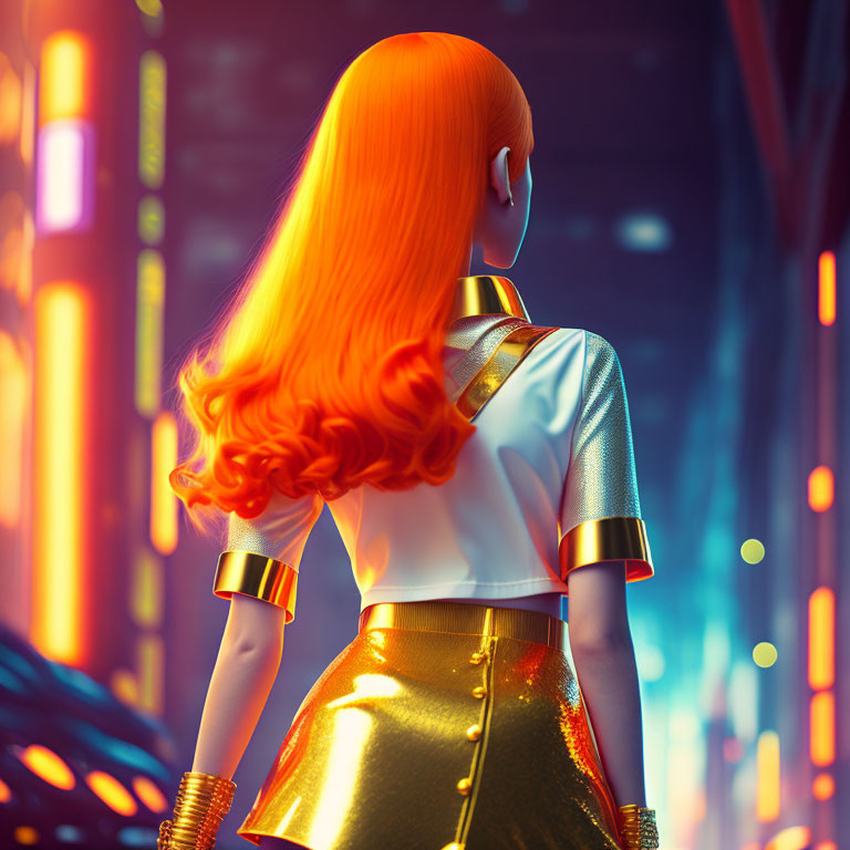 Vibrant orange hair and futuristic outfit in neon-lit urban scene