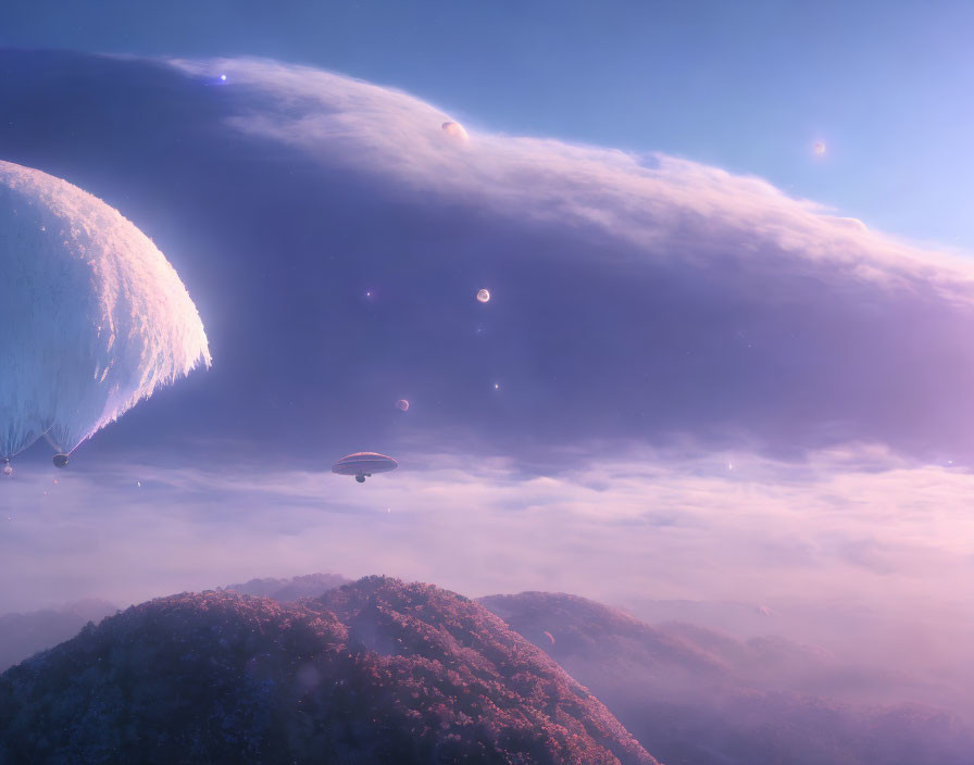 Giant moon over misty mountains with spacecraft in twilight sky