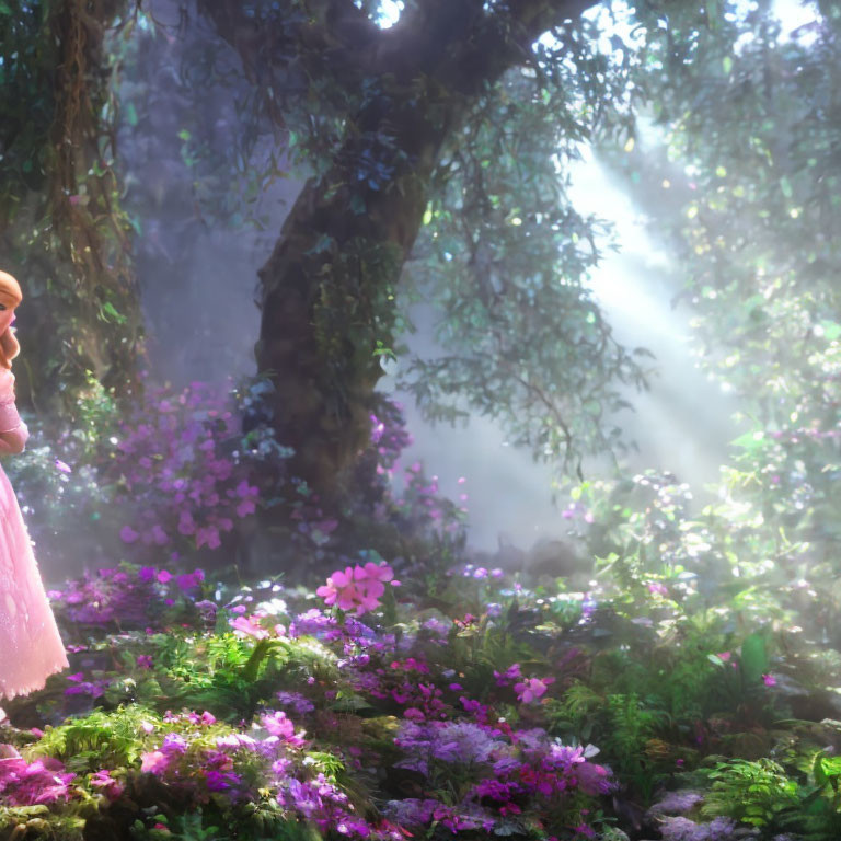 Enchanting forest scene with purple flowers, hazy atmosphere, light beams, and figure in pink