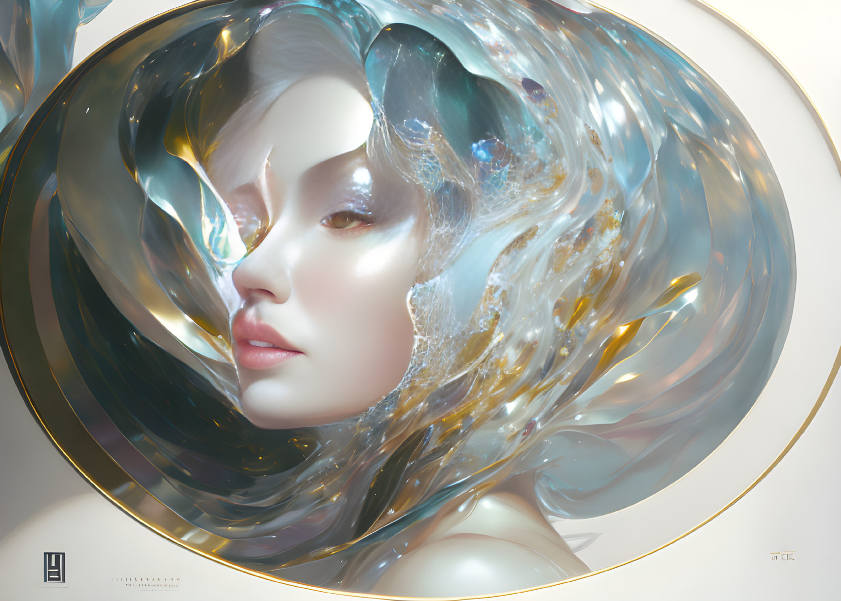 Abstract digital artwork of woman's face with swirling shapes and metallic gold accent