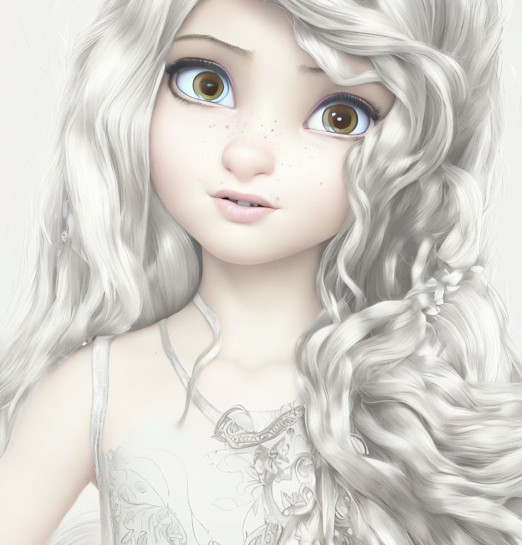 Character with Large Blue Eyes and White Hair in Floral Dress