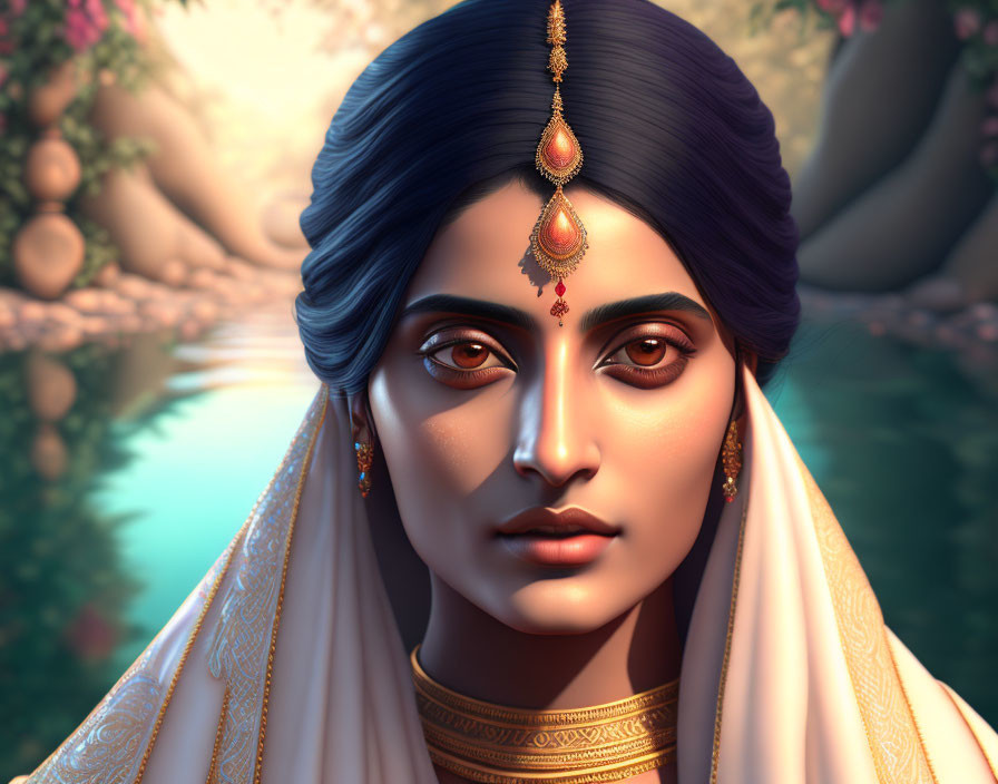 Stylized digital art portrait of a woman in traditional Indian jewelry