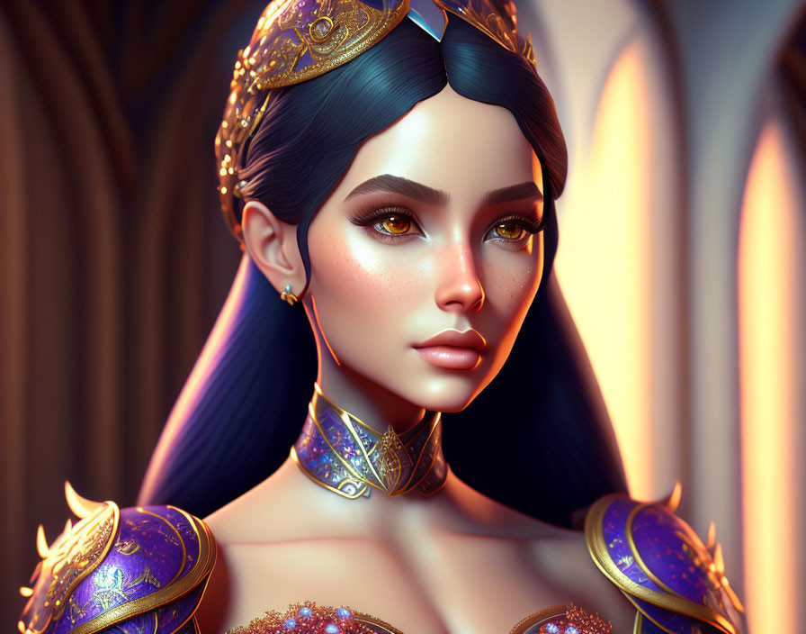 Regal woman with gold crown and armor against warm architectural backdrop