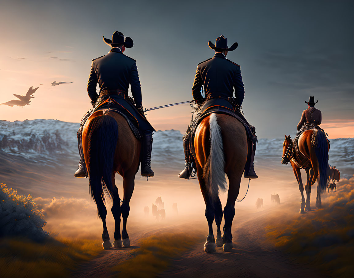 Cowboys on horseback riding through rugged landscape at dusk with birds flying under dramatic sky