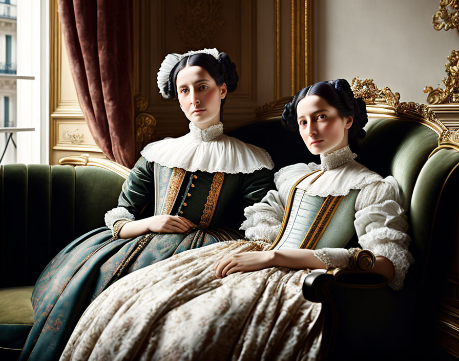 Historical women on green sofa in ornate room