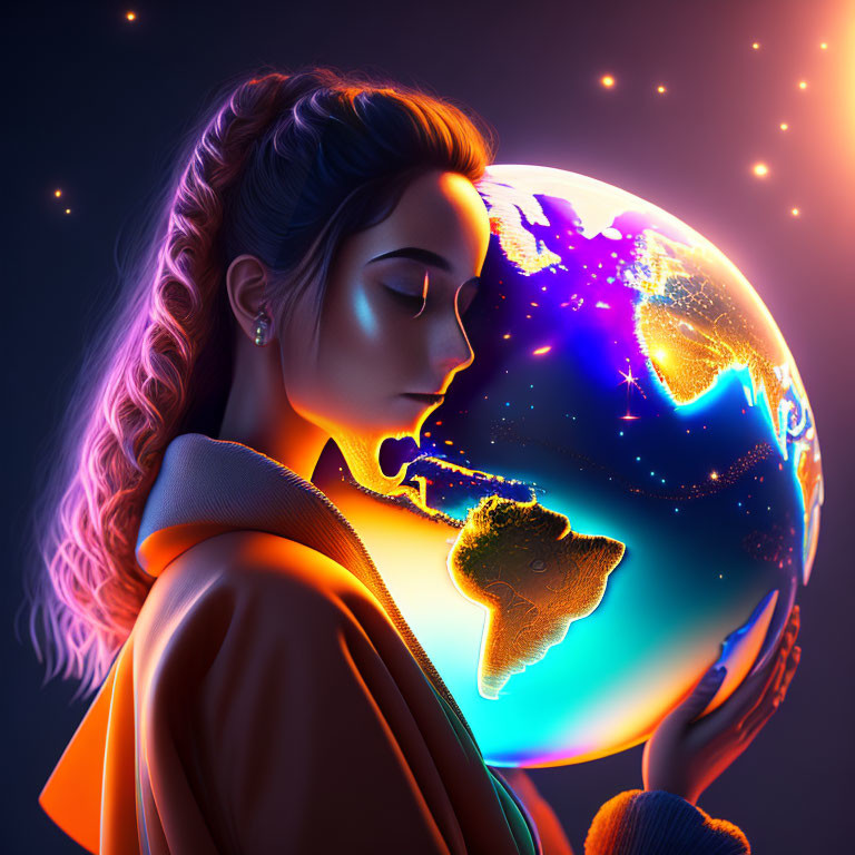 Digital artwork: Woman with eyes closed resting on glowing Earth against starry backdrop