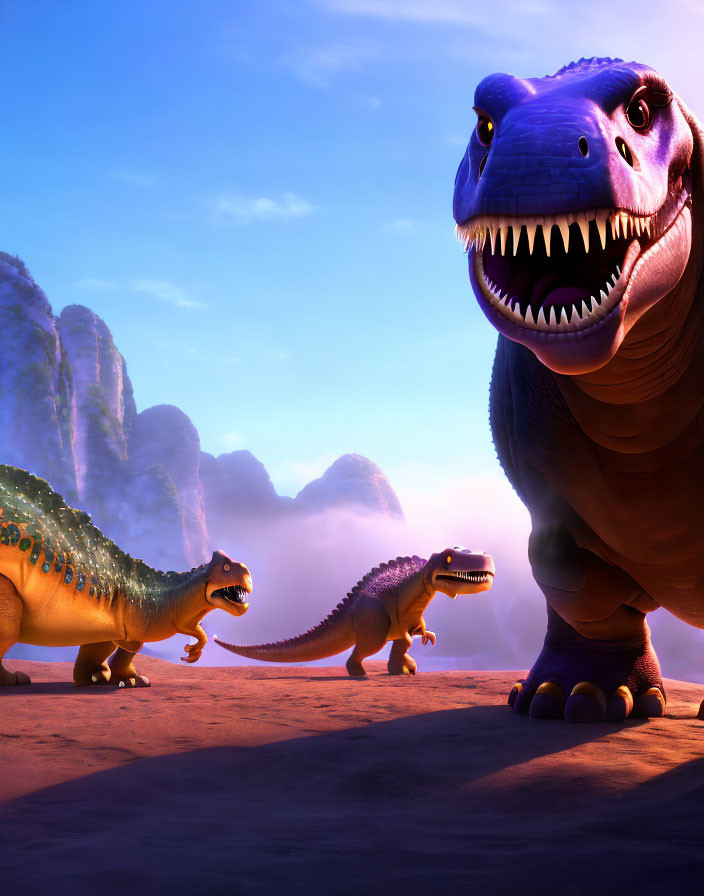 Three Animated Dinosaurs in Desert Landscape with Rock Formations