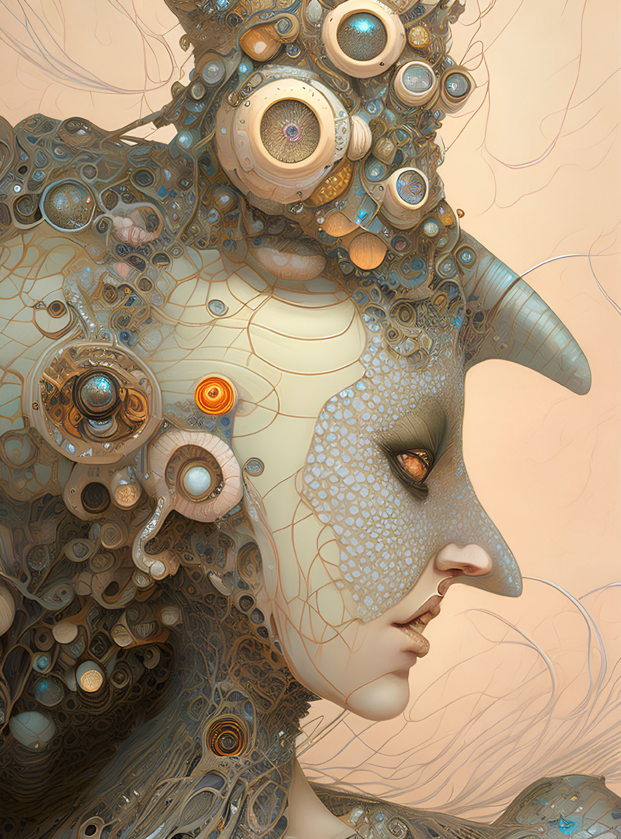 Profile view digital artwork: person with steampunk mechanical components and intricate textures on head and face