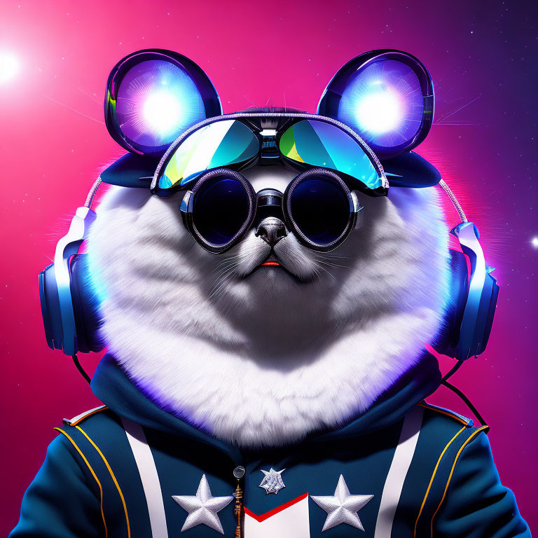 Anthropomorphic cat in aviator sunglasses and colorful jacket on pink backdrop