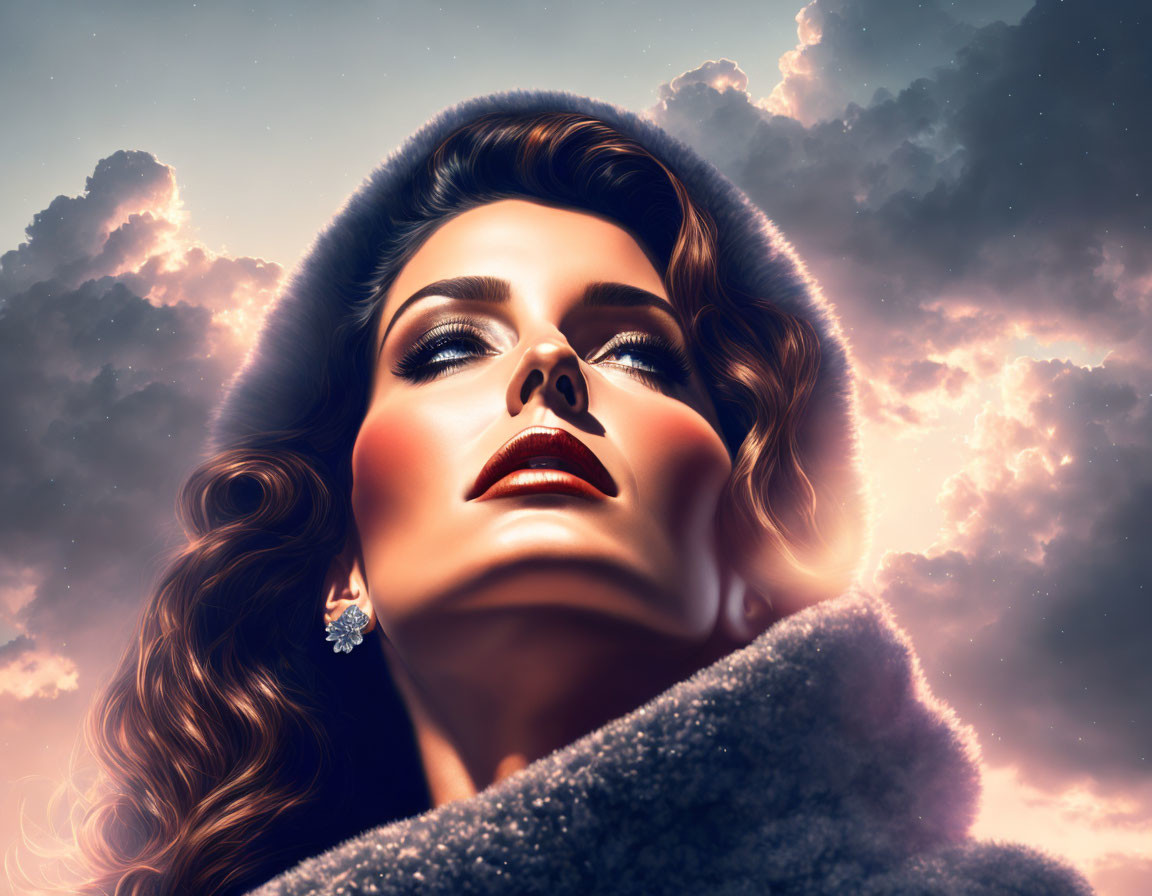 Vintage glamour woman in fur hood and earring under dramatic sunset clouds.