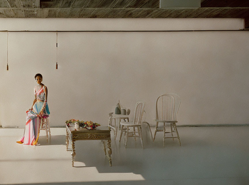 Colorful Dress Woman Sitting on Bench with Flowers and White Chairs in Sunlit Room