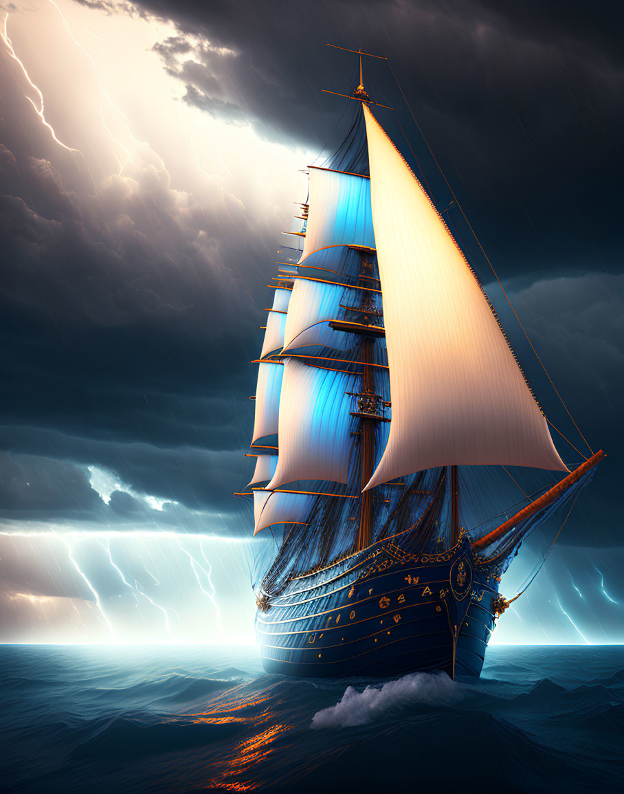 Majestic tall ship in stormy sea under dramatic sky