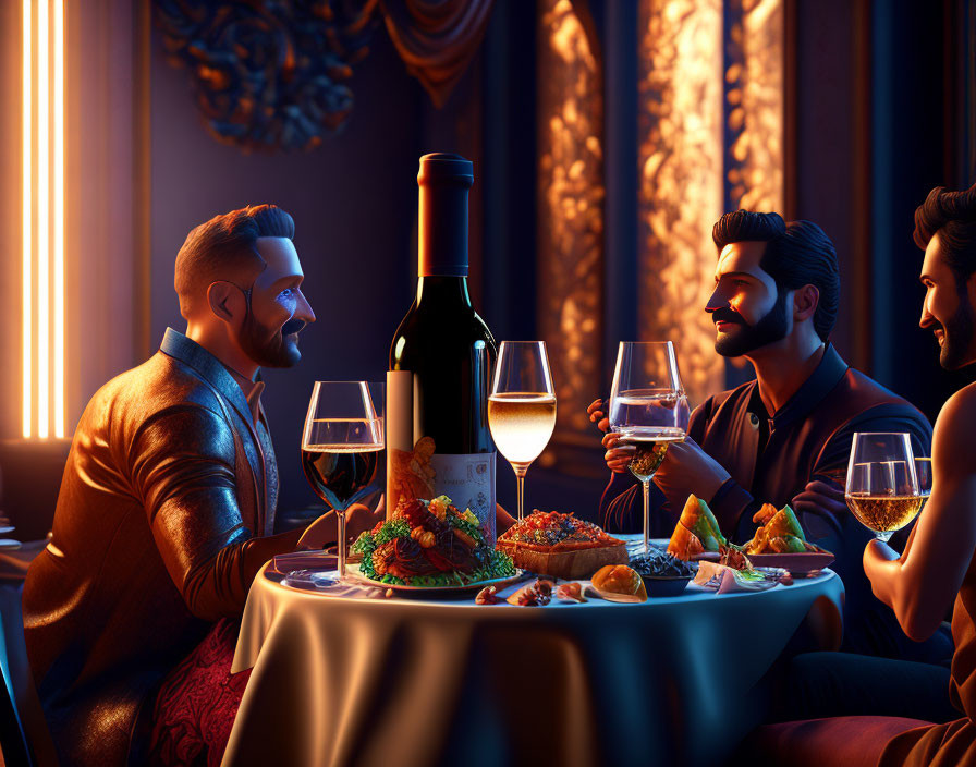 Men dining with wine in elegant, dimly-lit restaurant