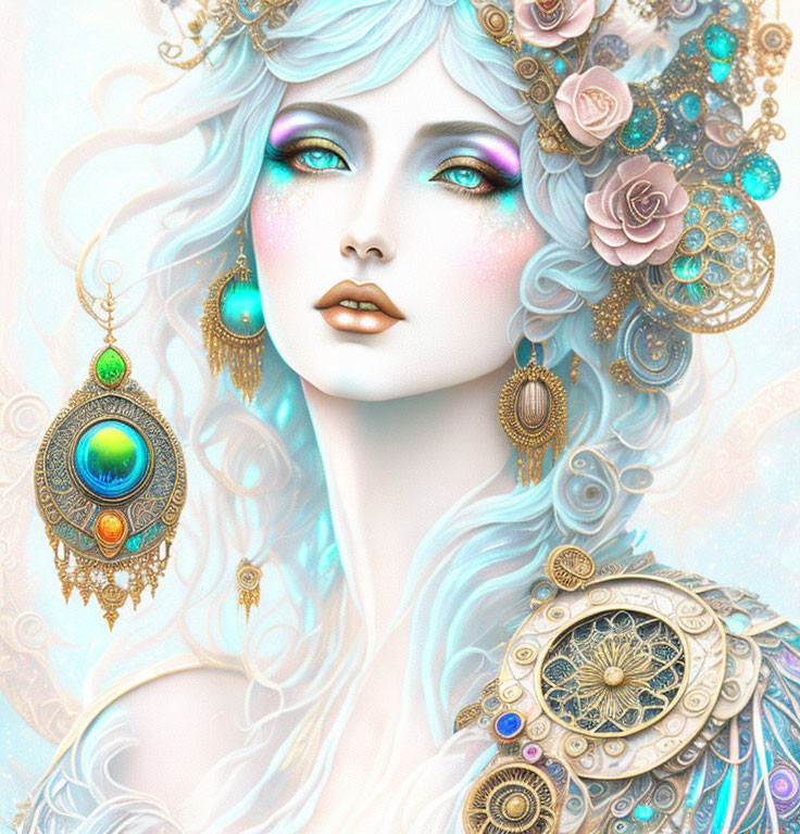 Fantasy woman illustration with blue and white hair and ornate gold jewelry