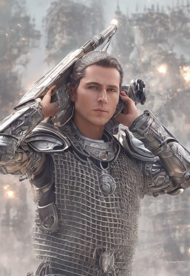 Solemn man in fantasy silver armor against misty forest