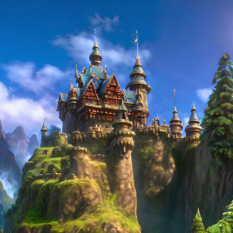 Majestic castle with spires on cliff in lush setting