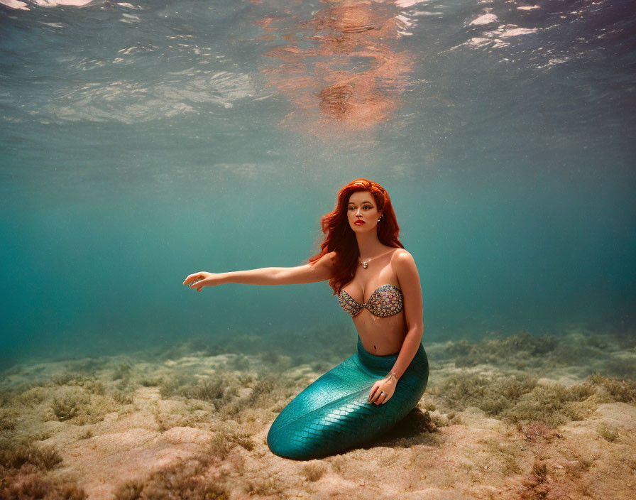 Mermaid-themed underwater photo with sandy ocean floor and light reflections