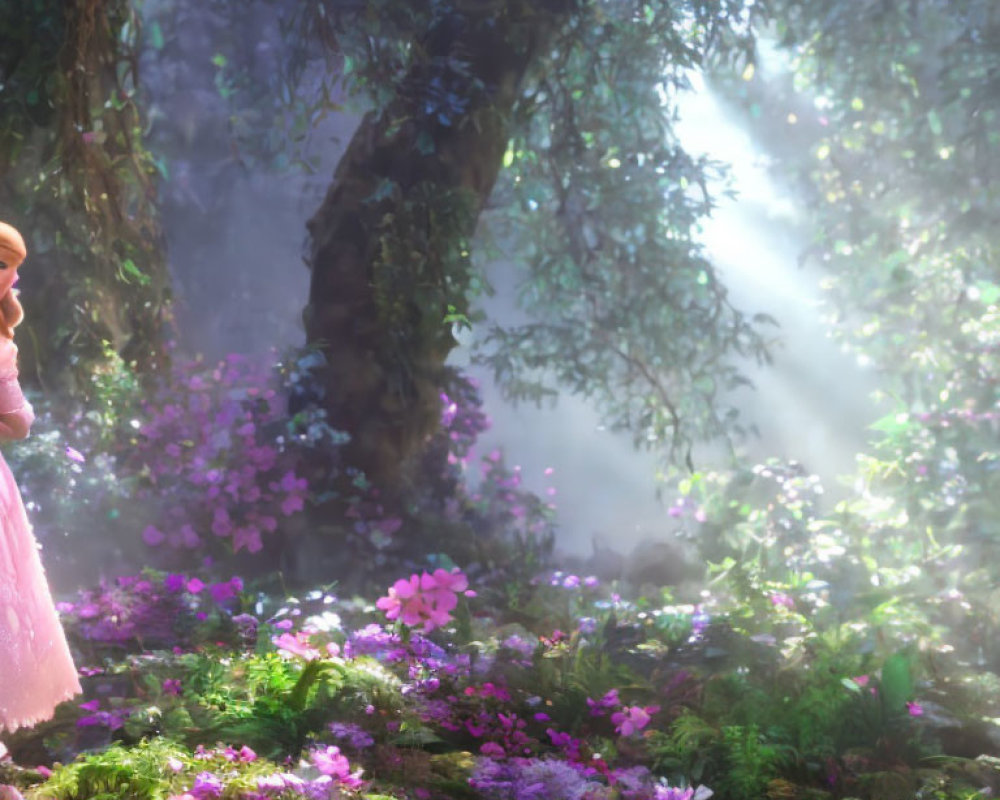 Enchanting forest scene with purple flowers, hazy atmosphere, light beams, and figure in pink