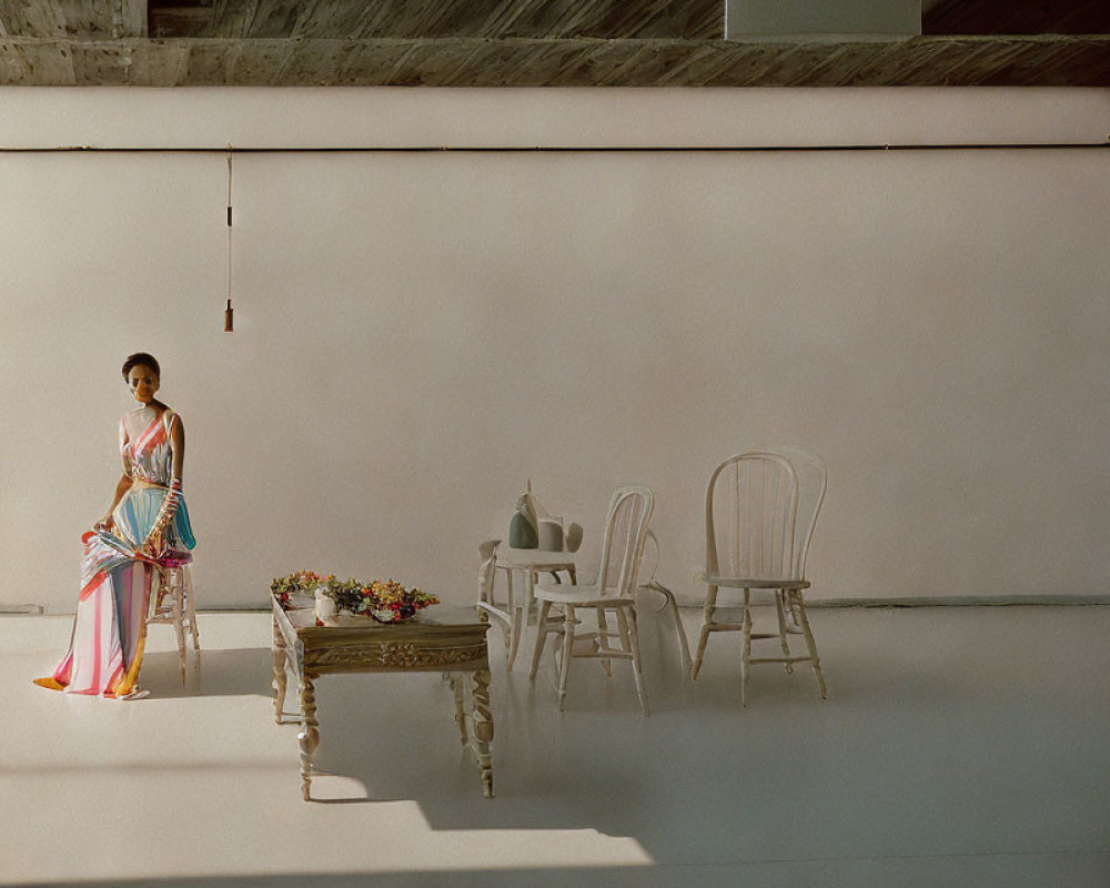 Colorful Dress Woman Sitting on Bench with Flowers and White Chairs in Sunlit Room