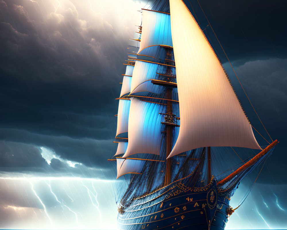 Majestic tall ship in stormy sea under dramatic sky