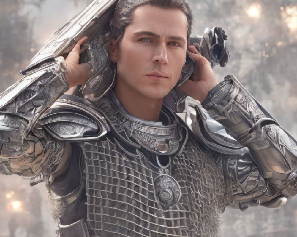 Solemn man in fantasy silver armor against misty forest