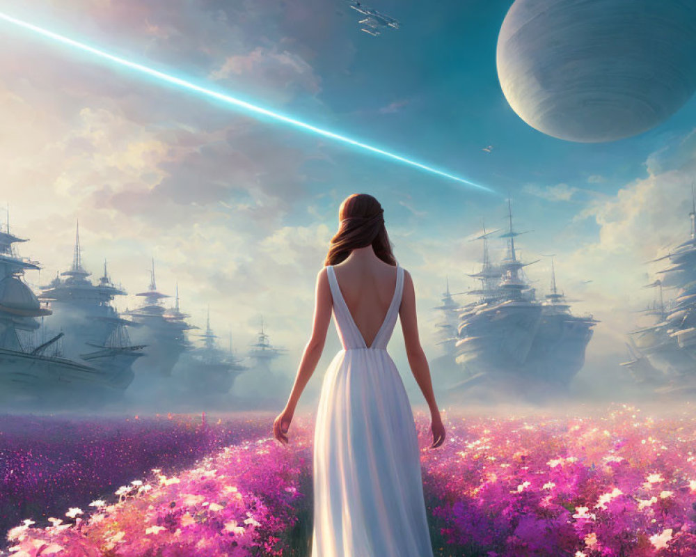 Woman in white dress gazes at airships & planet in futuristic scene